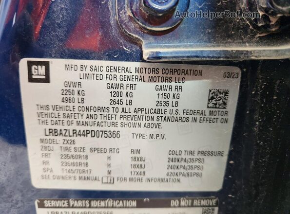 LRBAZLR44PD075366 2023 BUICK ENVISION Blue VIN sticker view