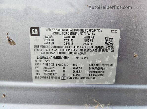 LRBAZLR47MD076068 2021 BUICK ENVISION Silver Widok naklejki z numerem VIN