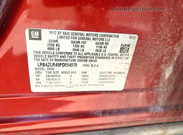 LRBAZLR49PD054979 2023 BUICK ENVISION Maroon VIN კოდის სტიკერის ხედი