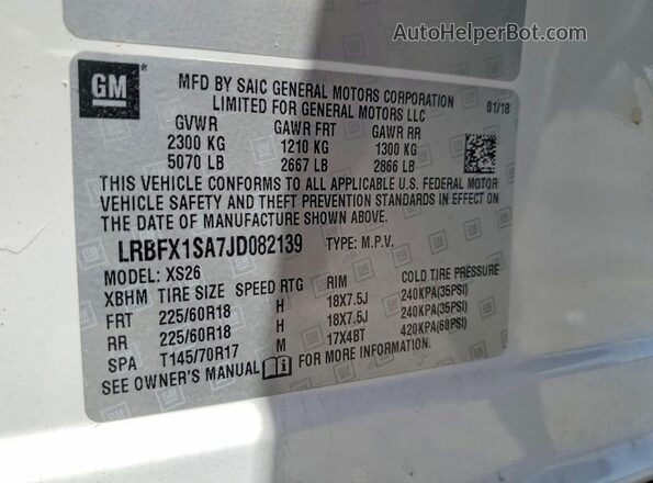 LRBFX1SA7JD082139 2018 BUICK ENVISION White VIN կոդի պիտակի տեսք