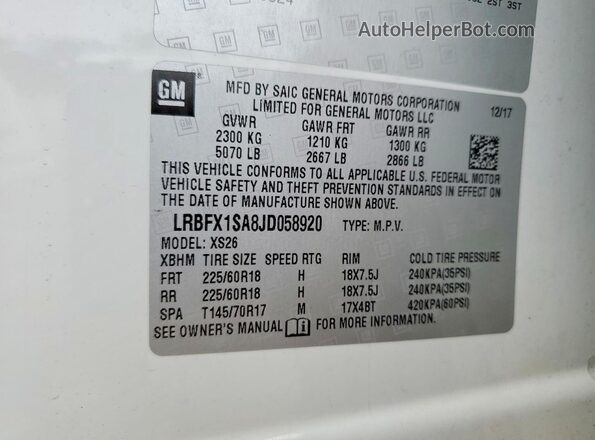 LRBFX1SA8JD058920 2018 BUICK ENVISION White VIN sticker view