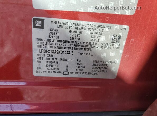 LRBFX1SA9KD144318 2019 BUICK ENVISION Red VIN sticker view