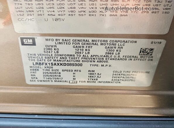 LRBFX1SAXKD089300 2019 BUICK ENVISION Tan VIN կոդի պիտակի տեսք