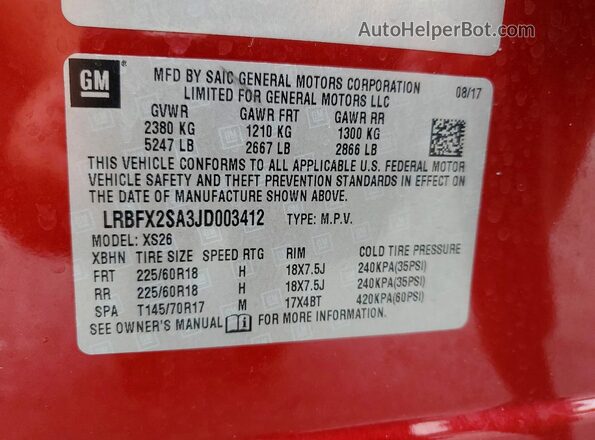 LRBFX2SA3JD003412 2018 BUICK ENVISION Red VIN կոդի պիտակի տեսք