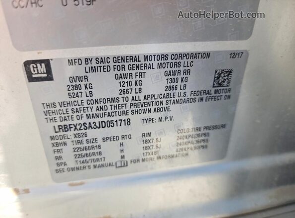 LRBFX2SA3JD051718 2018 BUICK ENVISION Silver VIN sticker view