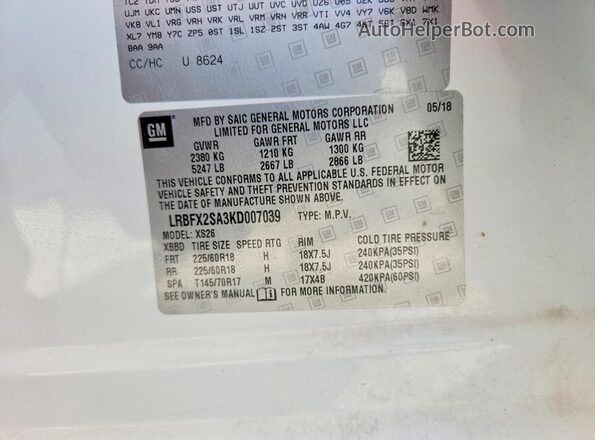 LRBFX2SA3KD007039 2019 BUICK ENVISION White VIN sticker view