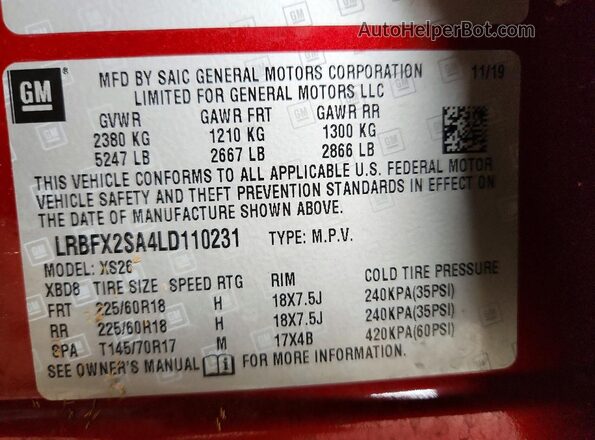 LRBFX2SA4LD110231 2020 BUICK ENVISION Red VIN sticker view
