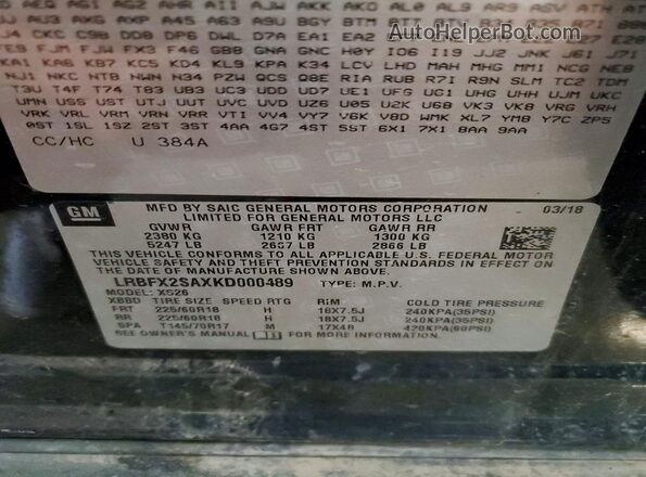 LRBFX2SAXKD000489 2019 BUICK ENVISION Blue VIN կոդի պիտակի տեսք