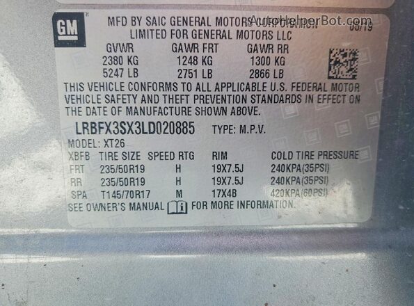 LRBFX3SX3LD020885 2020 BUICK ENVISION Gray Vista de la etiqueta del VIN