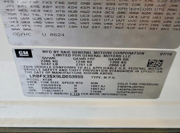 LRBFX3SX9LD053955 2020 BUICK ENVISION White VIN sticker view