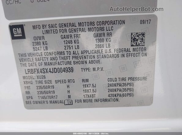 LRBFX4SX4JD004939 2018 BUICK ENVISION White Vista del compartimento del motor