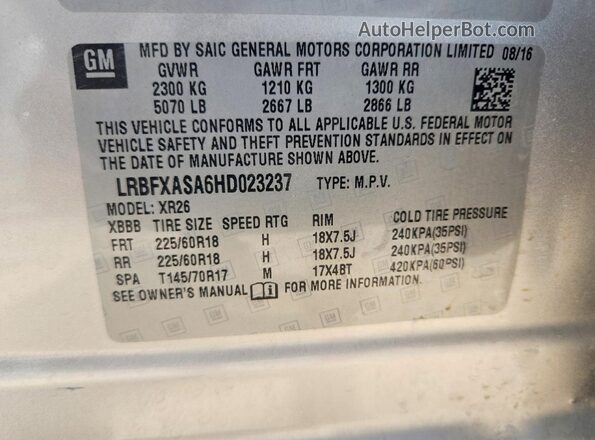 LRBFXASA6HD023237 2017 BUICK ENVISION Silver Вид наклейки з VIN-кодом