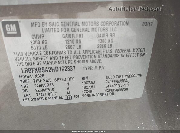 LRBFXBSA2HD192337 2017 BUICK ENVISION Brown Engine compartment view