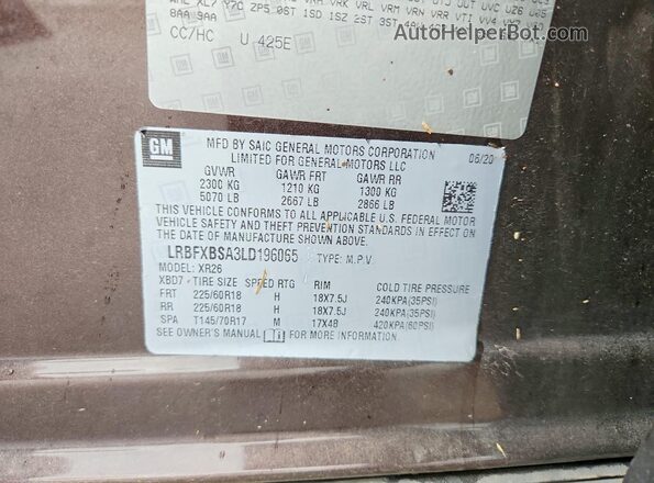 LRBFXBSA3LD196065 2020 BUICK ENVISION Brown VIN կոդի պիտակի տեսք