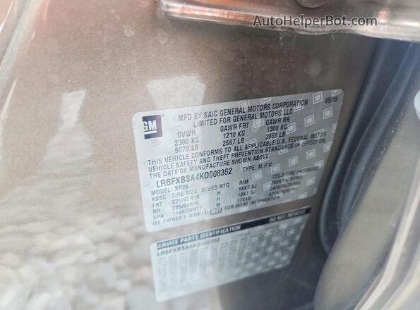 LRBFXBSA4KD008362 2019 BUICK ENVISION Tan Widok naklejki z numerem VIN