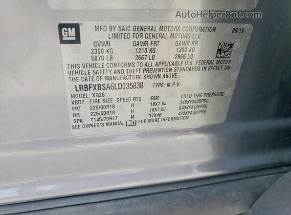 LRBFXBSA6LD035838 2020 BUICK ENVISION Gray VIN sticker view