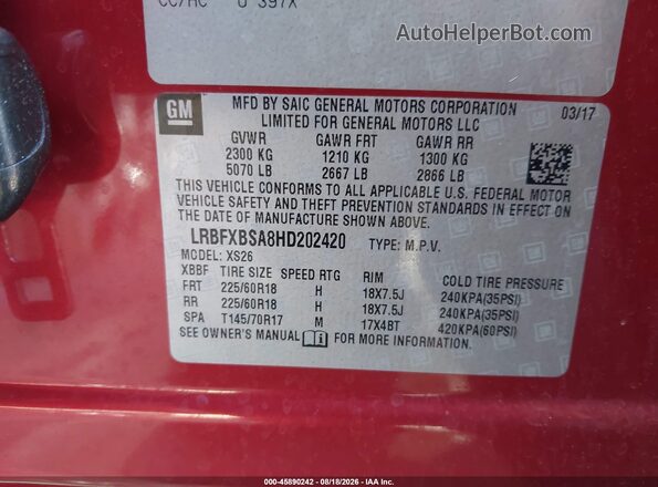 LRBFXBSA8HD202420 2017 BUICK ENVISION Red Вид підкапотного простору
