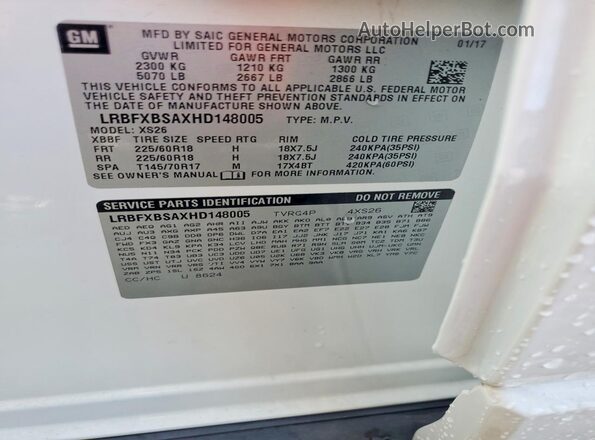 LRBFXBSAXHD148005 2017 BUICK ENVISION White Vista del compartimento del motor