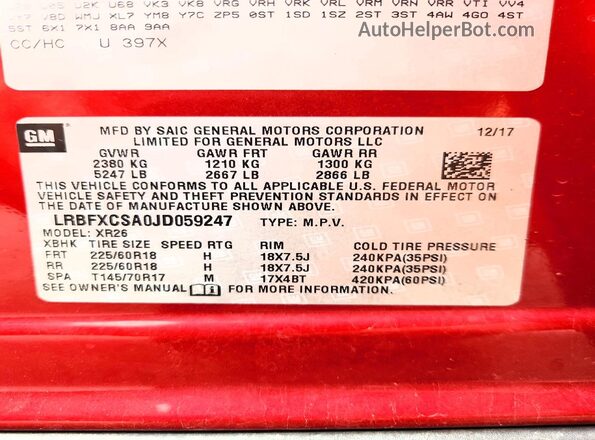 LRBFXCSA0JD059247 2018 BUICK ENVISION Red VIN კოდის სტიკერის ხედი