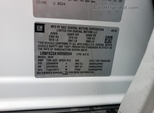 LRBFXCSA1KD006994 2019 BUICK ENVISION White Vista de la etiqueta del VIN