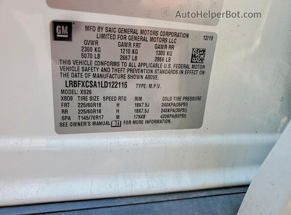 LRBFXCSA1LD122116 2020 BUICK ENVISION White Vista de la etiqueta del VIN