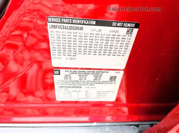 LRBFXCSA2JD028646 2018 BUICK ENVISION Burgundy VIN კოდის სტიკერის ხედი
