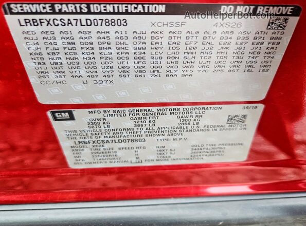 LRBFXCSA7LD078803 2020 BUICK ENVISION Red VIN sticker view