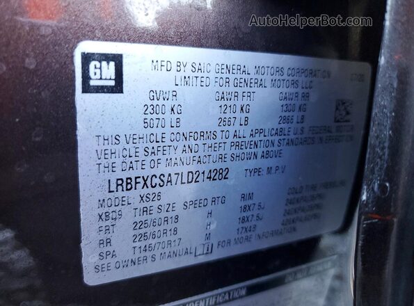 LRBFXCSA7LD214282 2020 BUICK ENVISION Brown Вид наклейки з VIN-кодом
