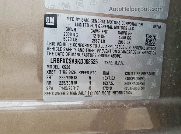 LRBFXCSA9KD008525 2019 BUICK ENVISION Brown VIN sticker view