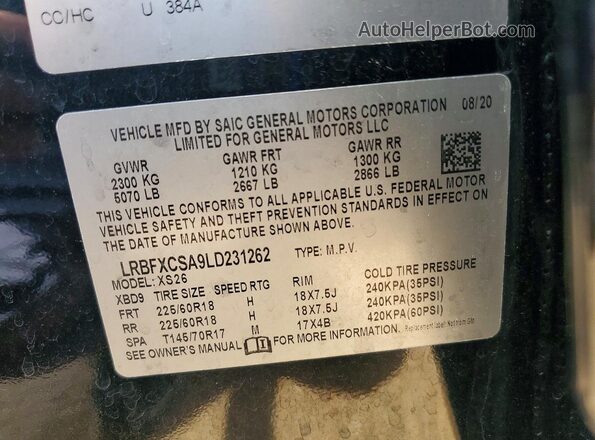 LRBFXCSA9LD231262 2020 BUICK ENVISION Black VIN კოდის სტიკერის ხედი