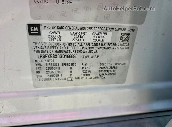 LRBFXESX0GD166680 2016 BUICK ENVISION Silver VIN sticker view