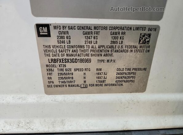 LRBFXESX3GD186969 2016 BUICK ENVISION White Widok naklejki z numerem VIN