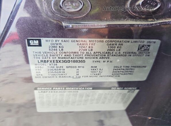 LRBFXESX3GD188365 2016 BUICK ENVISION Gray VIN sticker view