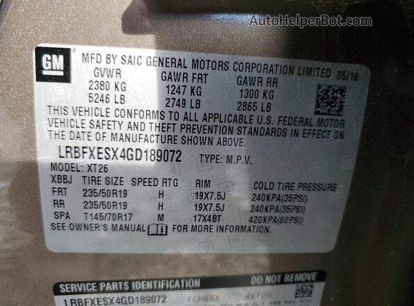 LRBFXESX4GD189072 2016 BUICK ENVISION Brown VIN sticker view