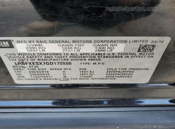 LRBFXESX7GD175506 2016 BUICK ENVISION Black VIN sticker view