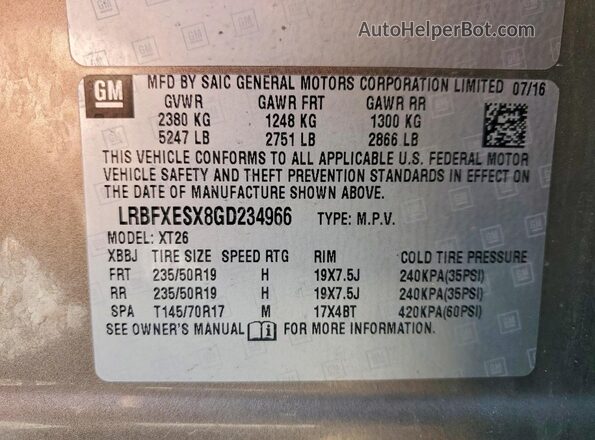 LRBFXESX8GD234966 2016 BUICK ENVISION Brown Vista de la etiqueta del VIN