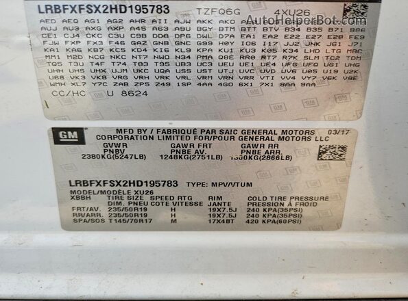 LRBFXFSX2HD195783 2017 BUICK ENVISION White VIN sticker view