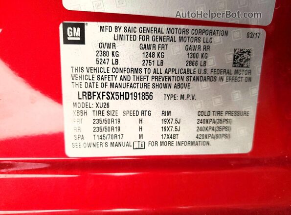 LRBFXFSX5HD191856 2017 BUICK ENVISION Red VIN კოდის სტიკერის ხედი