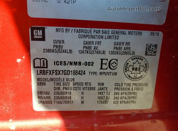 LRBFXFSX7GD188424 2016 BUICK ENVISION Red VIN sticker view
