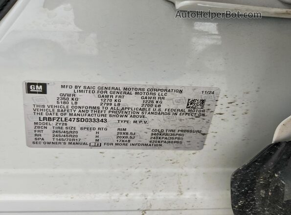 LRBFZLE47SD033343 2025 BUICK ENVISION White VIN կոդի պիտակի տեսք