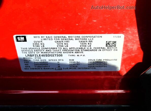 LRBFZLE48SD027308 2025 BUICK ENVISION Красный Вид наклейки с VIN-кодом
