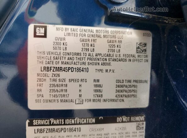 LRBFZMR45PD186410 2023 BUICK ENVISION Blue Vista de la etiqueta del VIN