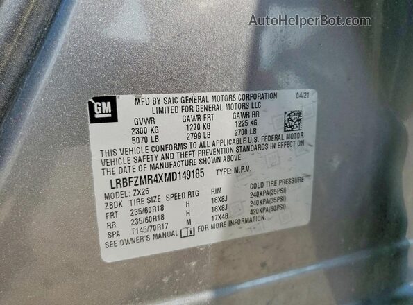 LRBFZMR4XMD149185 2021 BUICK ENVISION Gray VIN sticker view