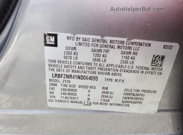 LRBFZNR41ND064095 2022 BUICK ENVISION Gray Vista de la etiqueta del VIN