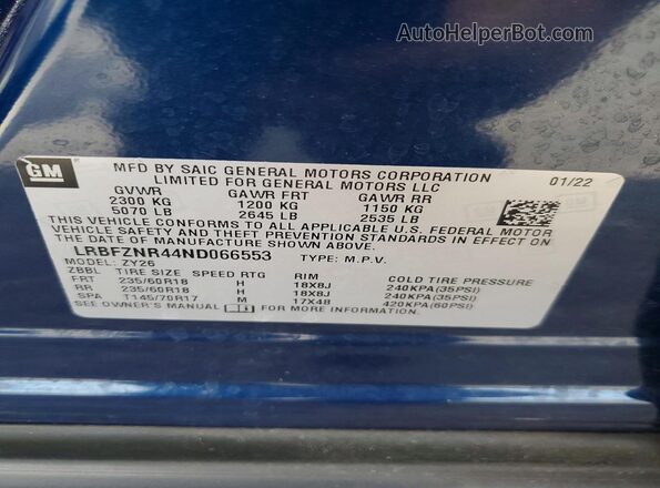 LRBFZNR44ND066553 2022 BUICK ENVISION Blue Vista del compartimento del motor
