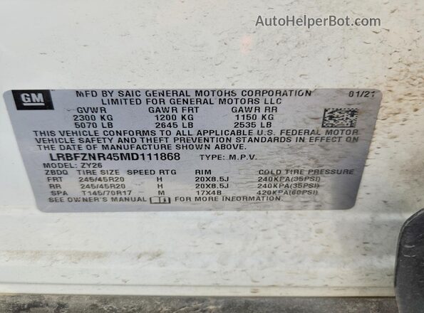 LRBFZNR45MD111868 2021 BUICK ENVISION White VIN კოდის სტიკერის ხედი