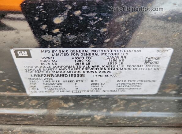 LRBFZNR45MD165008 2021 BUICK ENVISION Black VIN კოდის სტიკერის ხედი