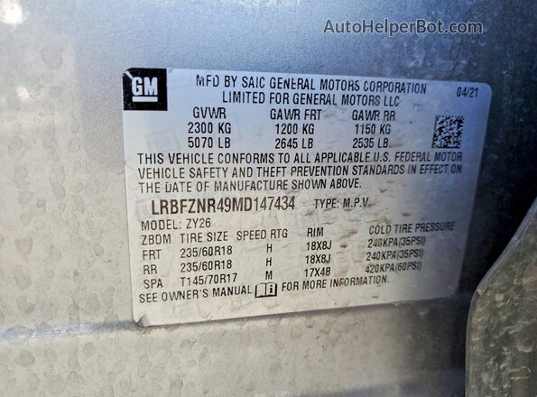 LRBFZNR49MD147434 2021 BUICK ENVISION Charcoal Вид наклейки з VIN-кодом