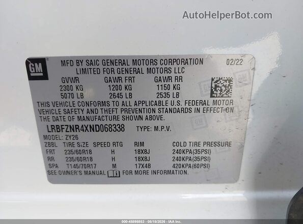 LRBFZNR4XND068338 2022 BUICK ENVISION White ძრავის განყოფილების ხედი