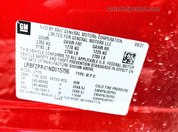 LRBFZPR41ND015796 2022 BUICK ENVISION Maroon VIN կոդի պիտակի տեսք